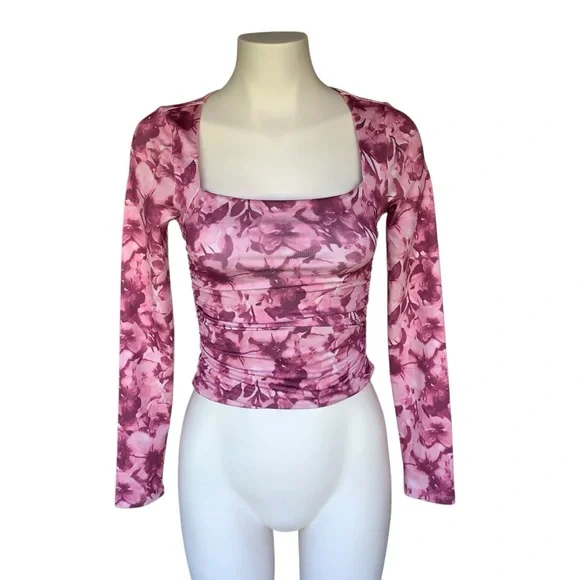 Pink Floral Square Neck Cropped Long Sleeve Top – Ruched, Size Small - Picture 3 of 17